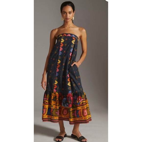 Farm Rio for Anthropologie Dresses & Skirts - Farm Rio Anthropologie Dress 1X Black Embroidered Strapless Maxi Tie Back Boho